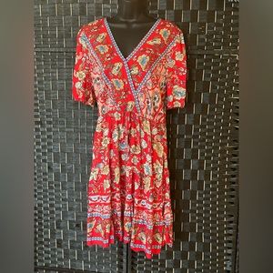 Bohemian faux wrap puff sleeve mini dress in red size large new